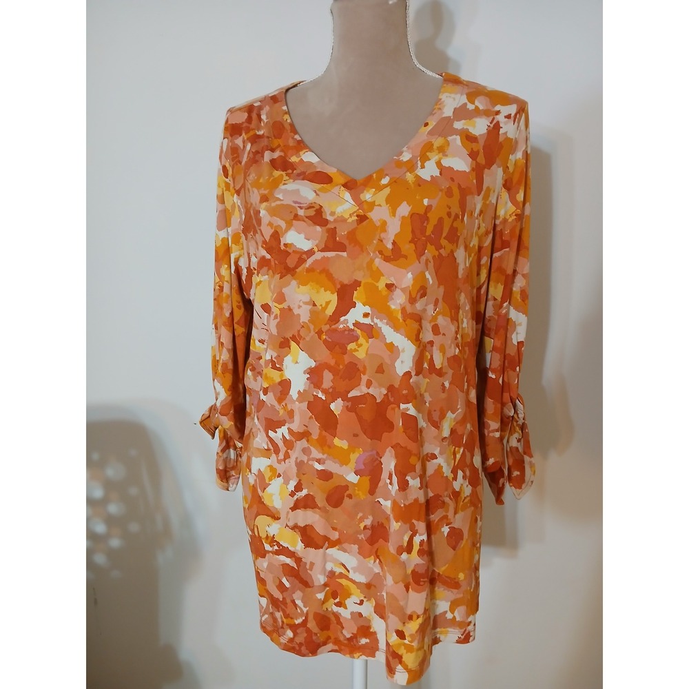 Susan Graver Weekend Orange Abstract Print V-Neck Tie Sleeve Tunic Top XL